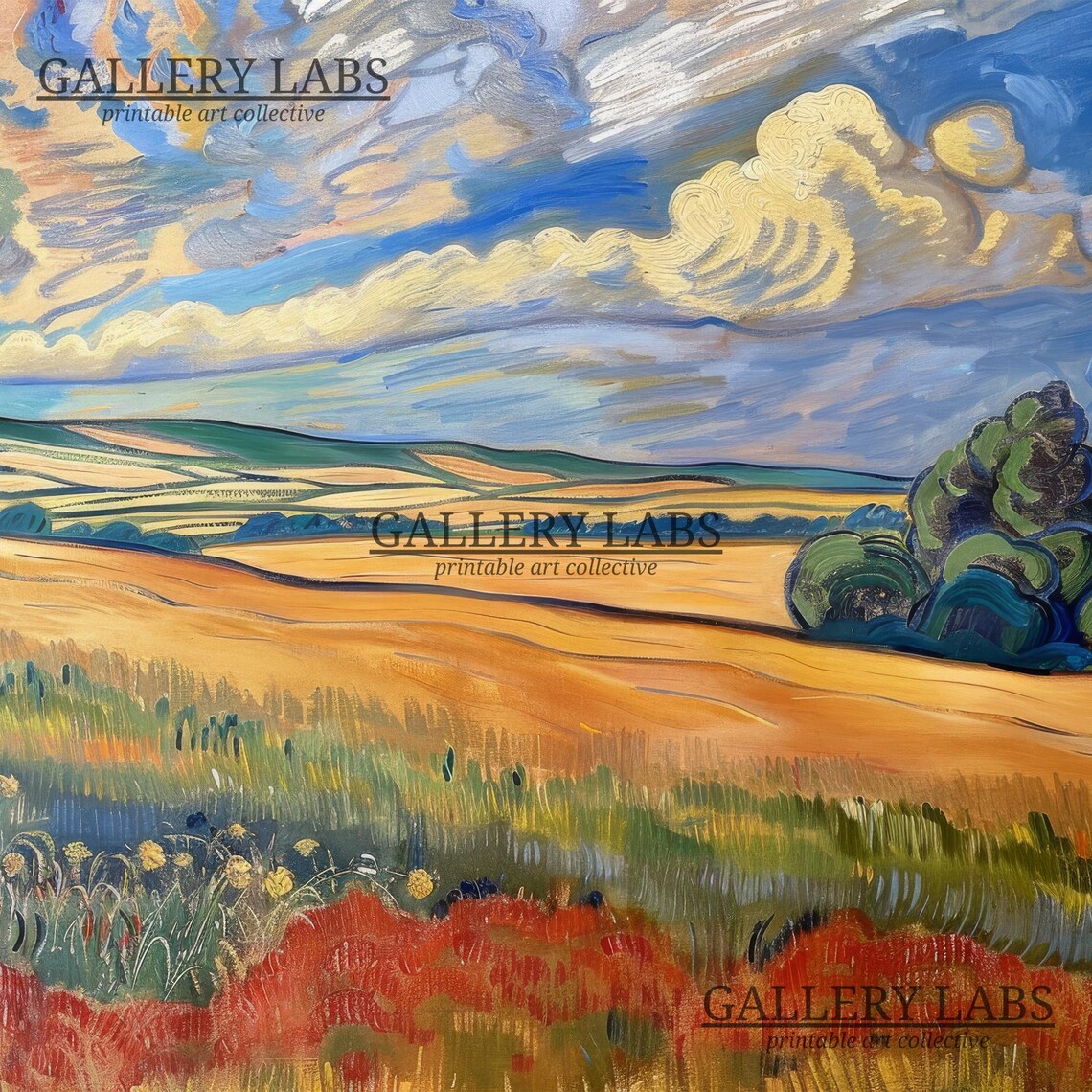 Golden Wheat Fields Red Poppies Dramatic Sky Impressionist Wall Art Print - Image 4