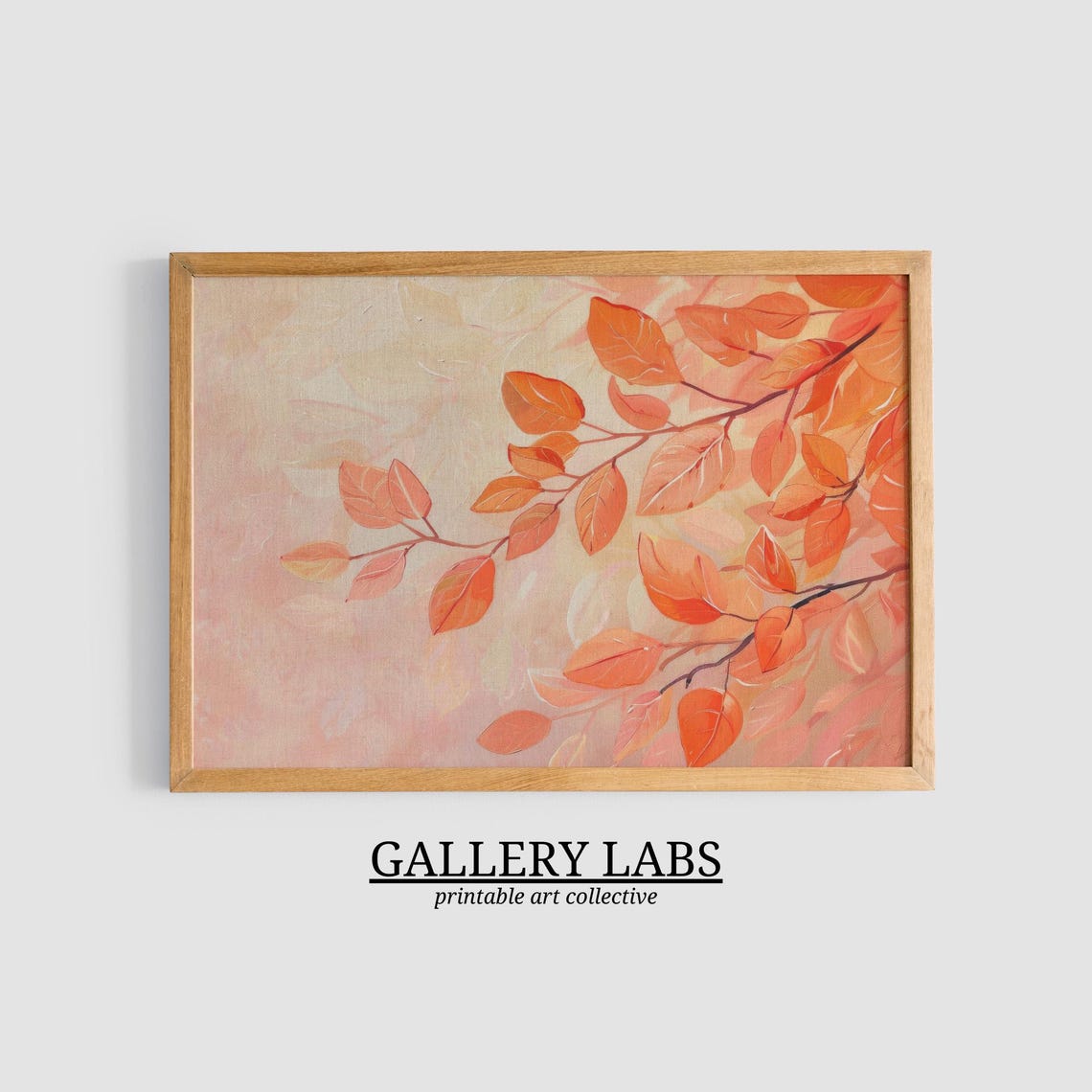 Orange Autumn Leaves Branch Soft Pink Background Fall Wall Art Print - Image 3