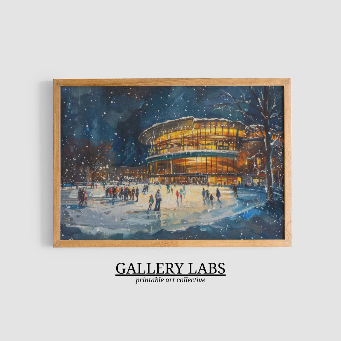 Night Ice Skating Rink Glowing City Lights Snowy Winter Scene Poster - Image 3