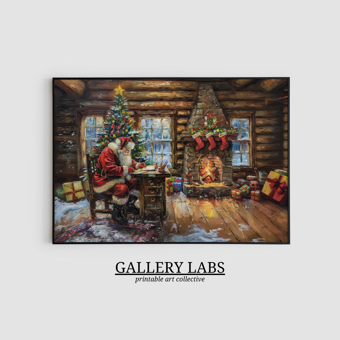 Santa Claus Writing Letters Log Cabin Fireplace Cozy Night Poster - Image 2