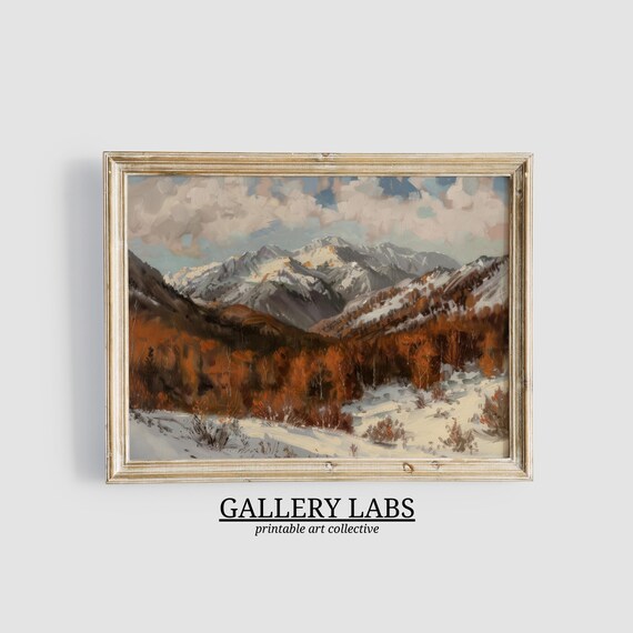 Rustic Mountain Painting Moody Autumn Oil Print Farmhouse Wall Decor Fall Wall Art Vintage Autumn Decor Art