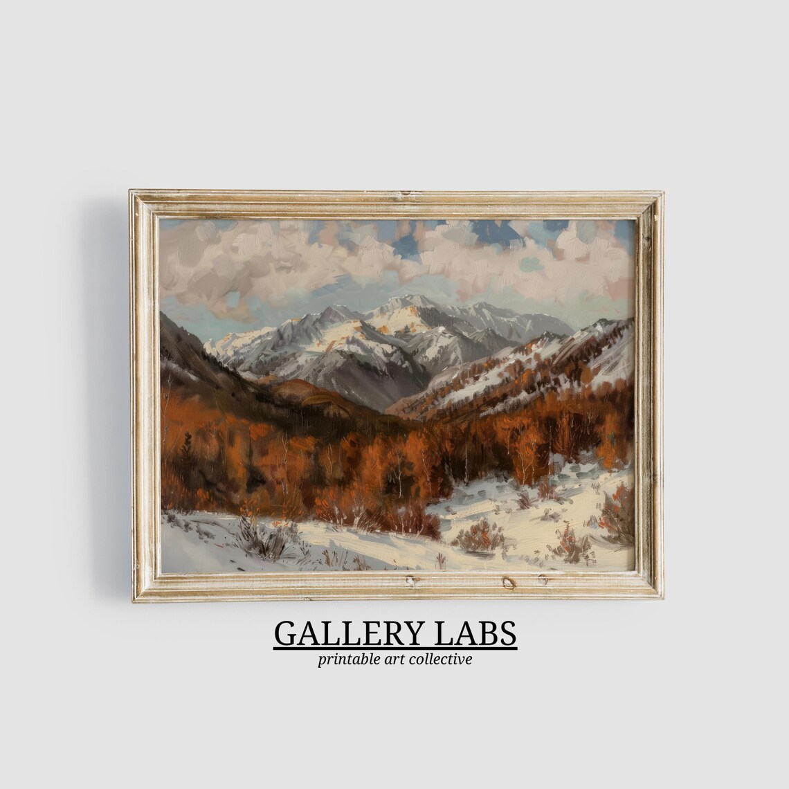 Snow Capped Mountain Range Above Golden Autumn Valley Oil Painting Wall Art Poster