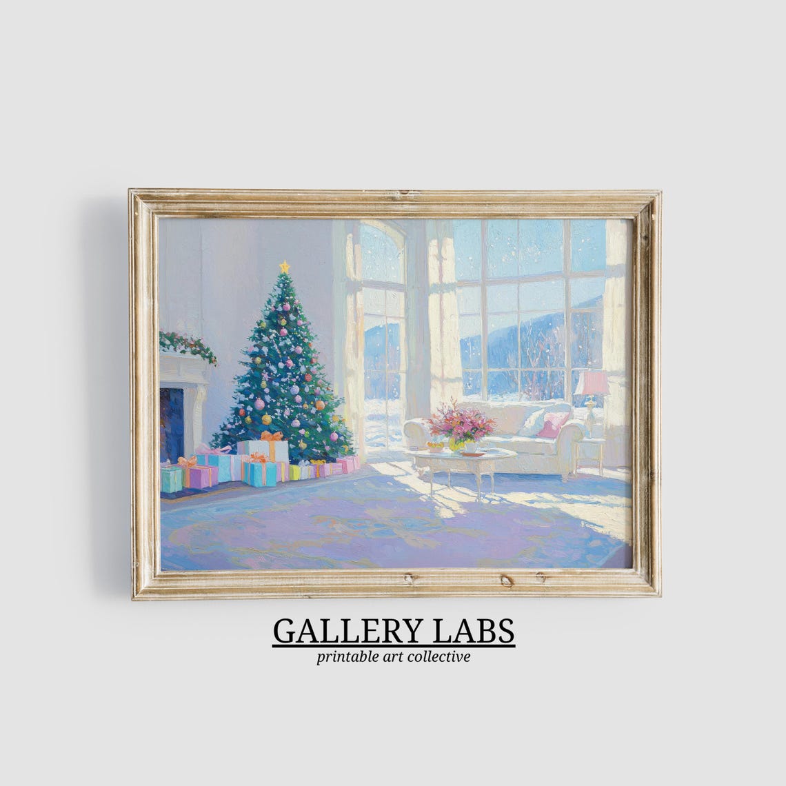Christmas Living Room Tree Gifts Cozy Winter Scene Wall Art Print
