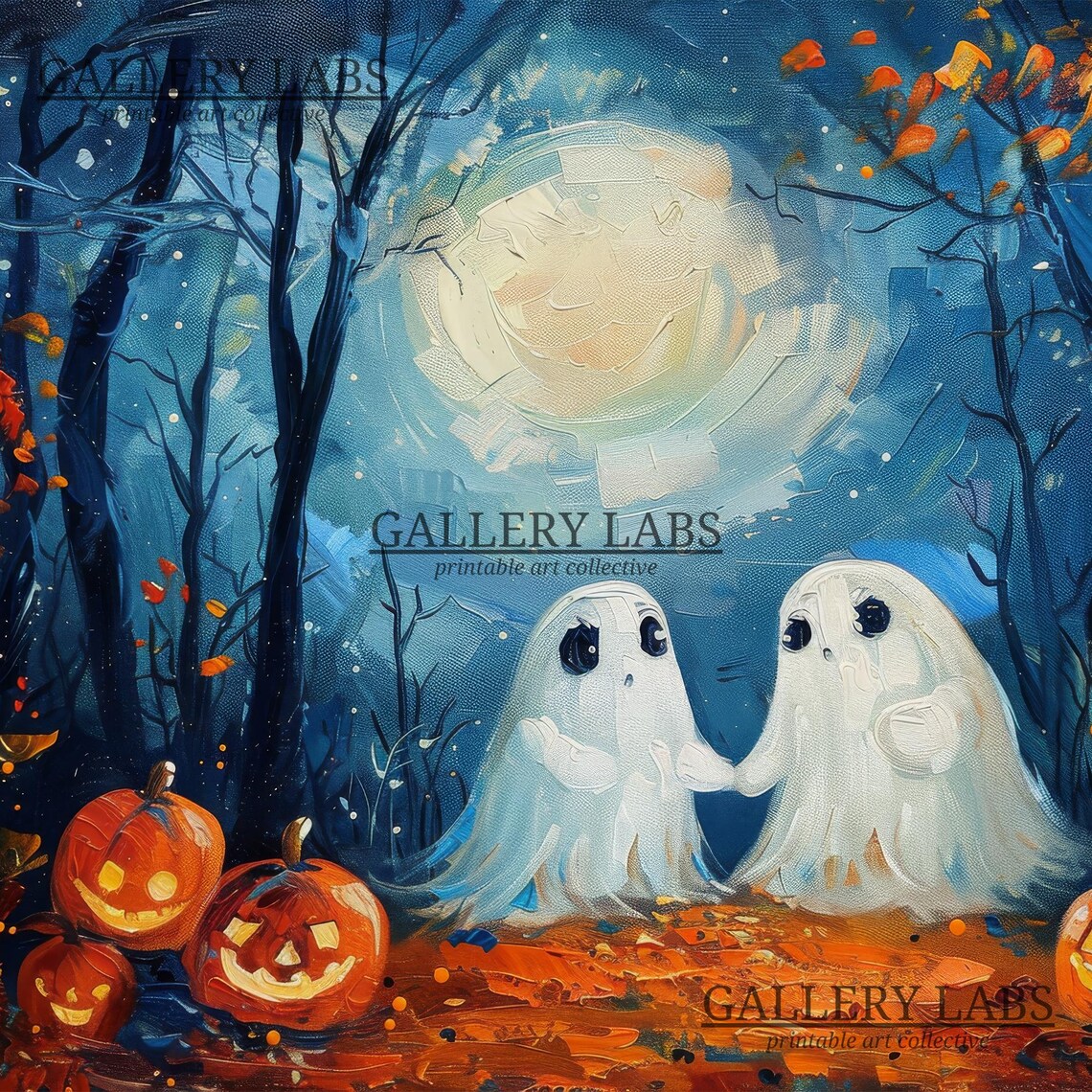 Cute Ghosts Holding Hands with Pumpkins Full Moon Halloween Wall Art Print - Image 4