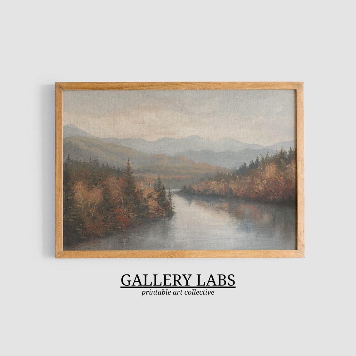 Autumn Pine Lake With Soft Morning Light and Misty Blue Mountain Layers Oil Painting - Image 3