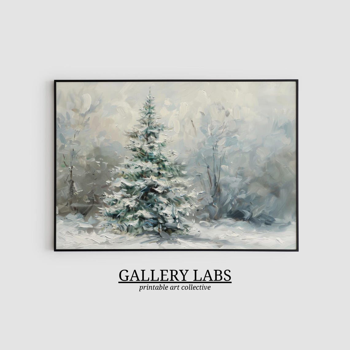 Lone Snowy Pine Tree Misty Winter Forest Vintage Travel Poster - Image 2