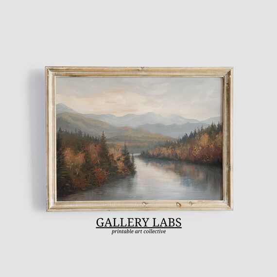 Rustic Fall Lake Landscape Print Moody Autumn Oil Painting Farmhouse Wall Decor Fall Wall Art Autumn Decor Art