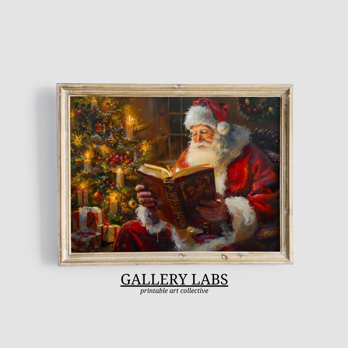 Santa Claus Reading by Christmas Tree Candlelight Vintage Art Poster