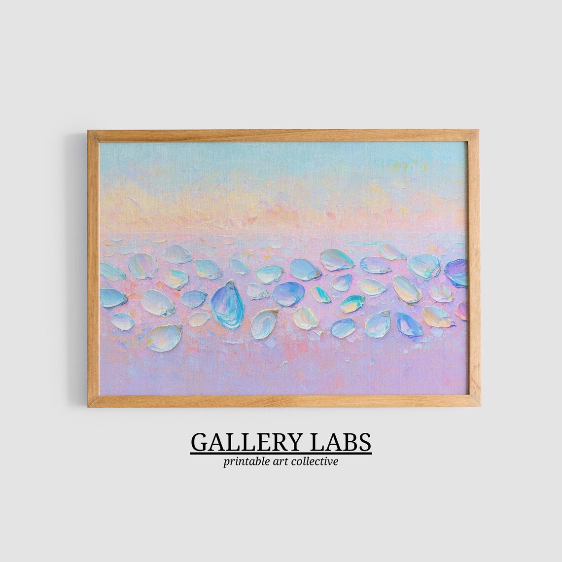 Abstract Pastel Beach With Iridescent Shells on Pink Lavender Sand Coastal Painting - Image 3