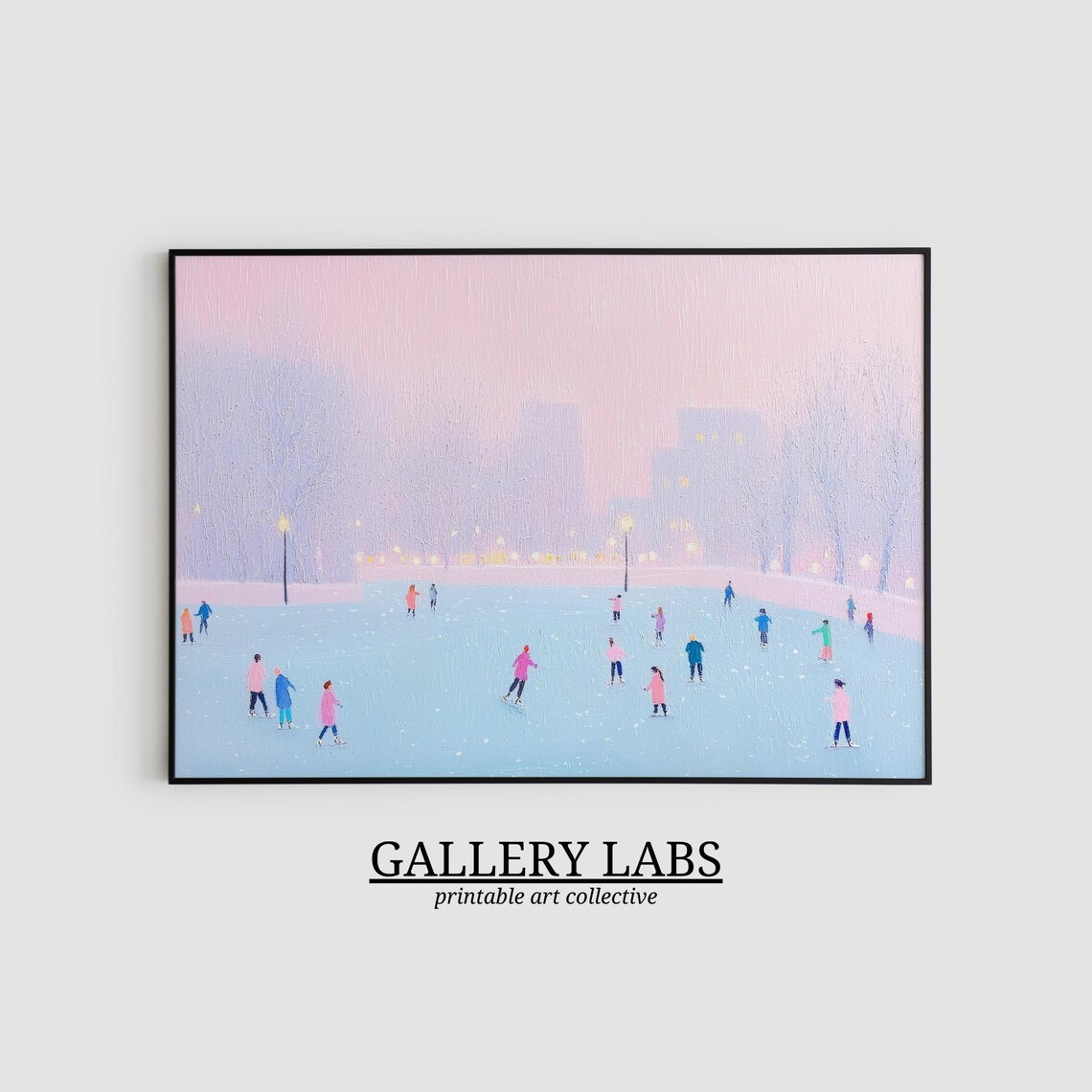 Pink Dusk Ice Skating Rink Skaters Winter Scene Painting Art Poster - Image 2