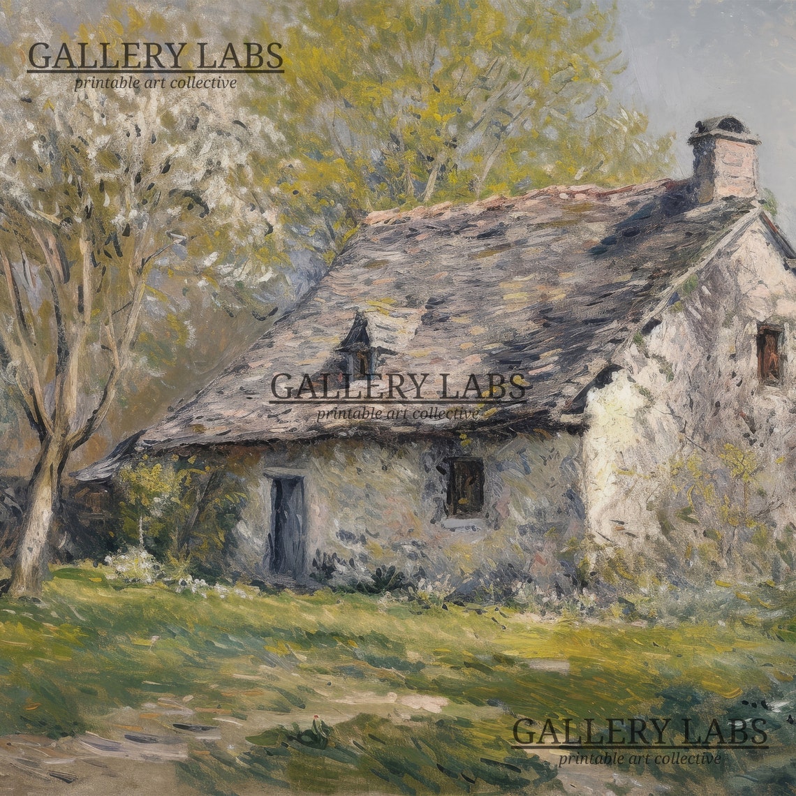 Old Stone Cottage with Blooming Tree Spring Country Art Print - Image 4