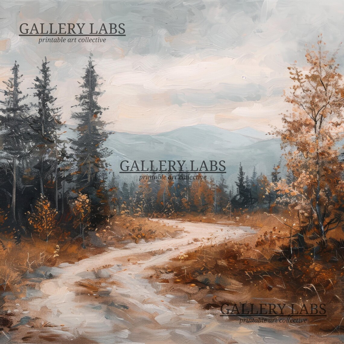 Winding Forest Path Through Autumn Pines Toward Blue Mountains Oil Painting Print - Image 4