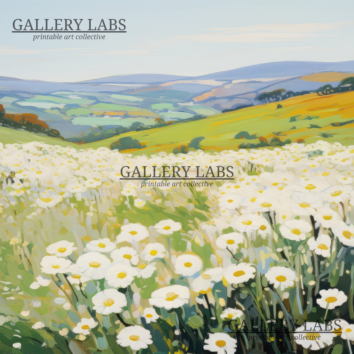 White Daisy Field Rolling Hills Sunny Spring Meadow Art Print - Image 4