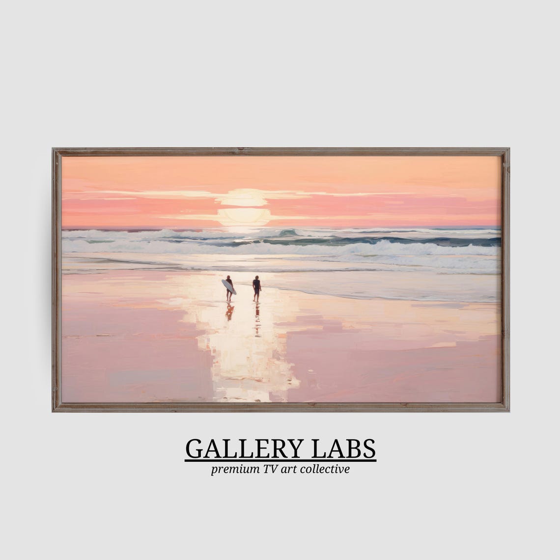Pink Sunset Surfers Beach Painting Retro Coastal Surf Wall Art Poster - Image 3