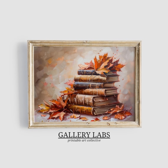 Vintage Books Stack Autumn Leaves Still Life Fall Wall Art Print