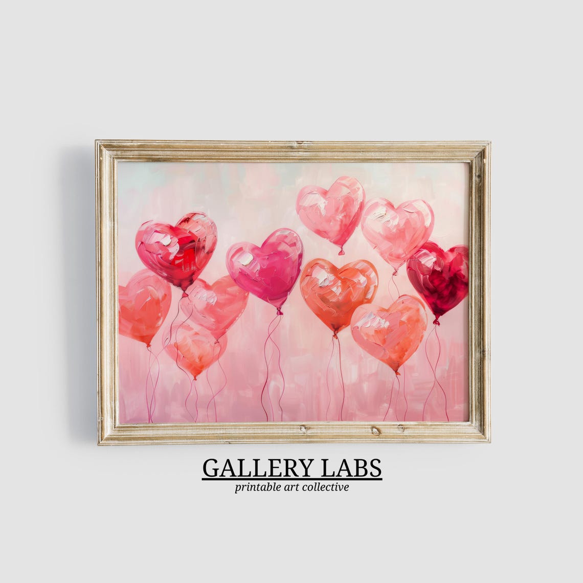 Pink Red Heart Balloons Floating Love Valentines Painting Wall Poster