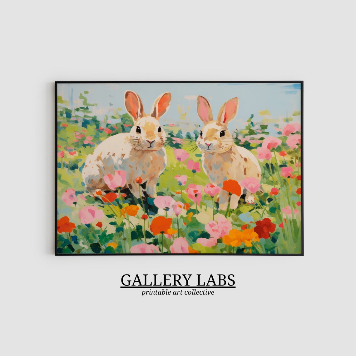 Two White Rabbits in Flower Garden Whimsical Bunny Meadow Art Print - Image 2