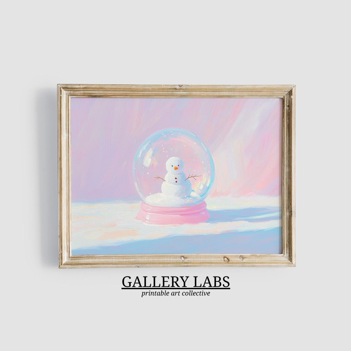 Pink Snow Globe Cute Snowman Winter Christmas Holiday Wall Art Print