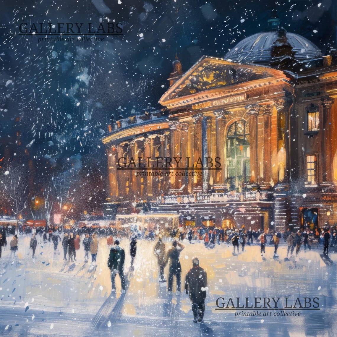European City Square Grand Palace Snowy Night Crowd Painting Poster - Image 4