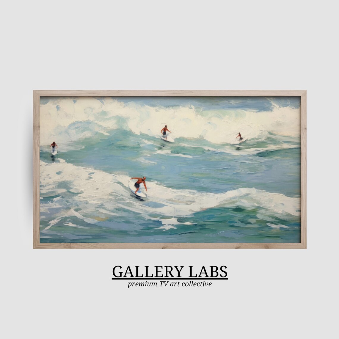 Retro Surfers Riding Rolling Turquoise Ocean Waves Painterly Beach Scene Art Print - Image 2