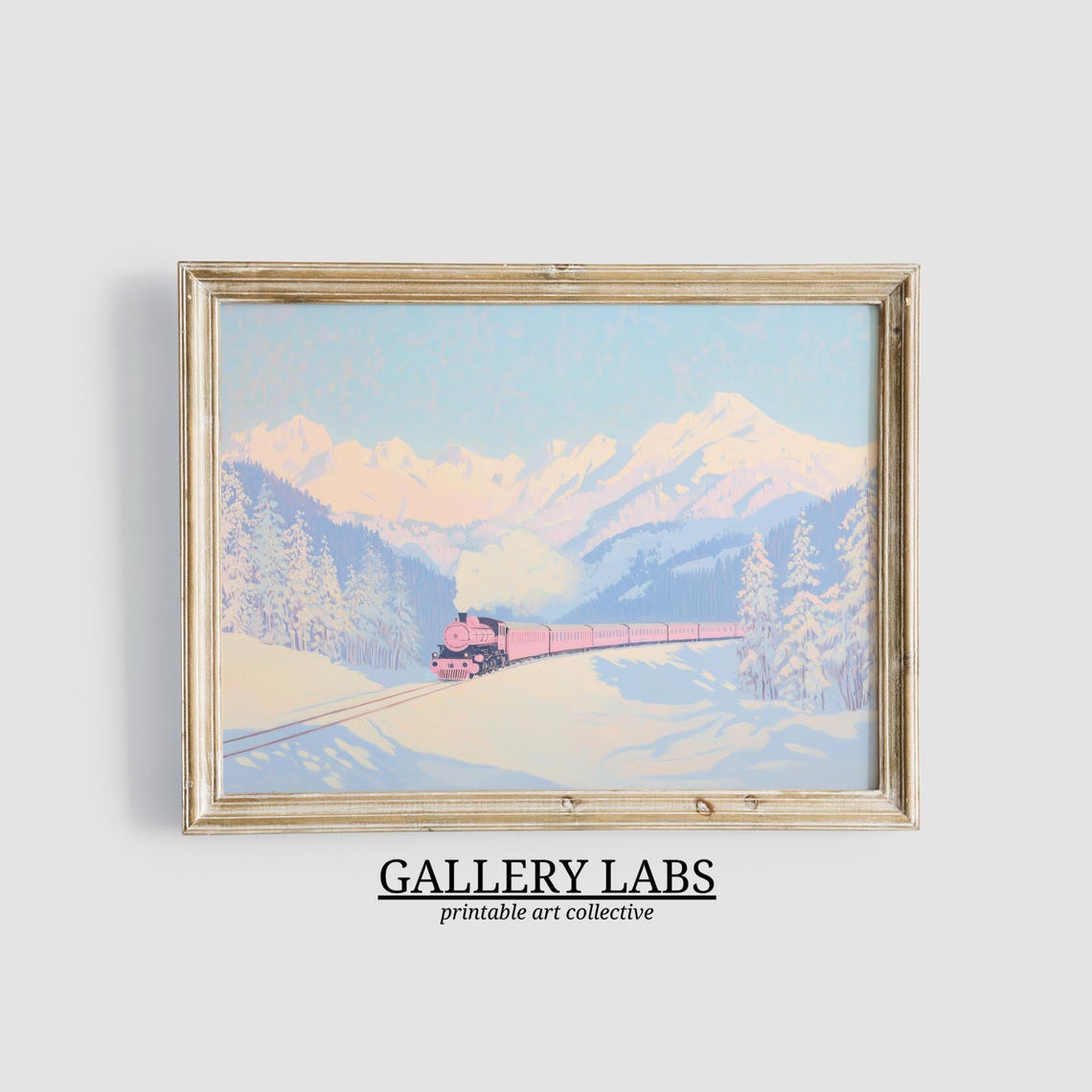 Pink Christmas Train Snowy Mountain Winter Landscape Wall Art