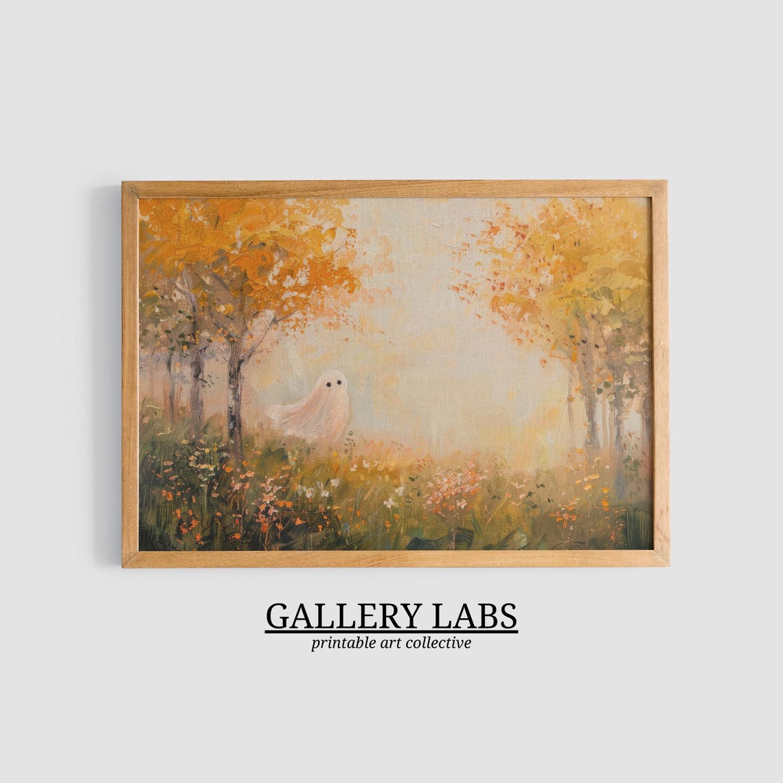 Cute Ghost Wildflowers Golden Whimsical Halloween Meadow Art Print - Image 3