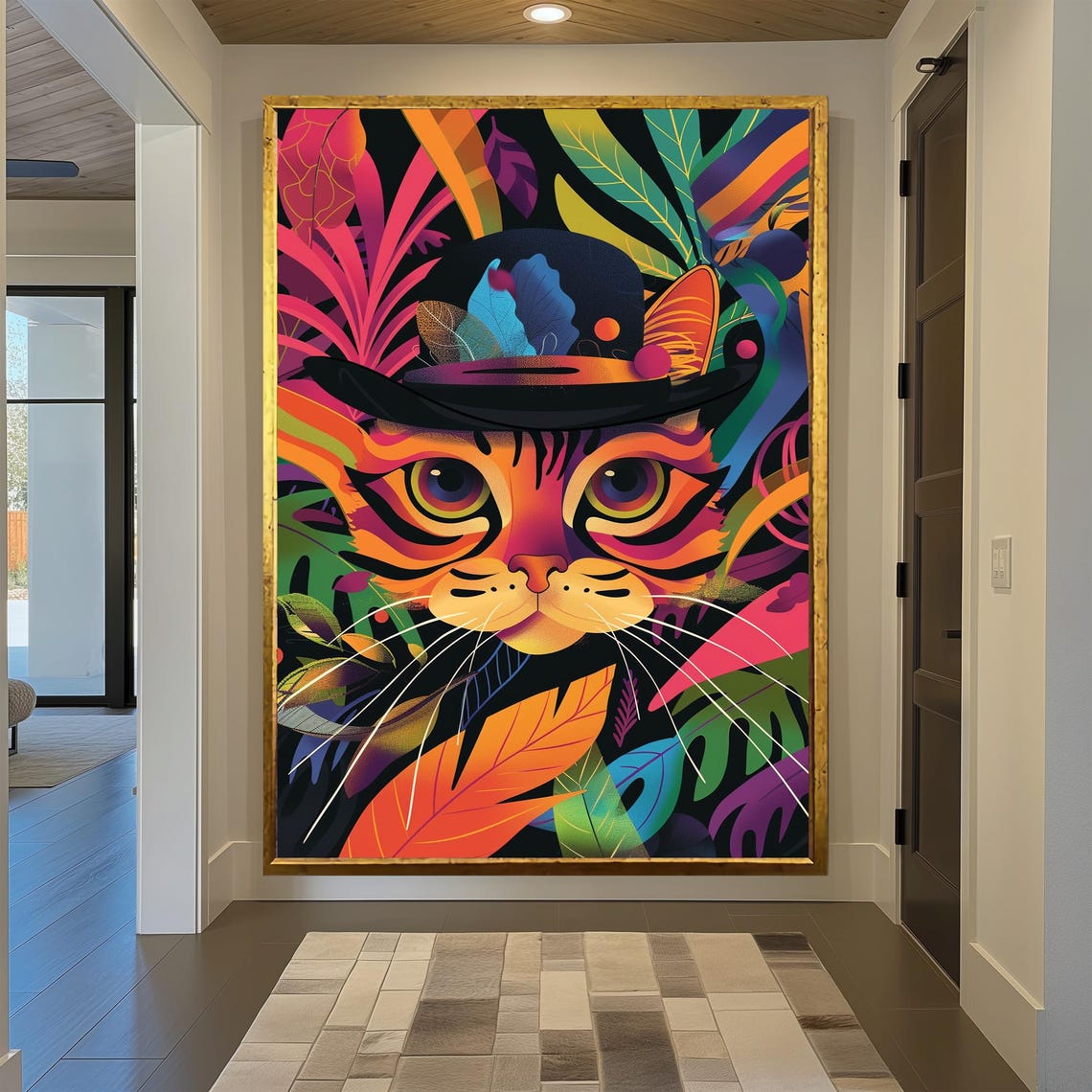 Whimsical Tabby Cat Wall Art Wearing a Hat among Tropical Leaves - Image 2