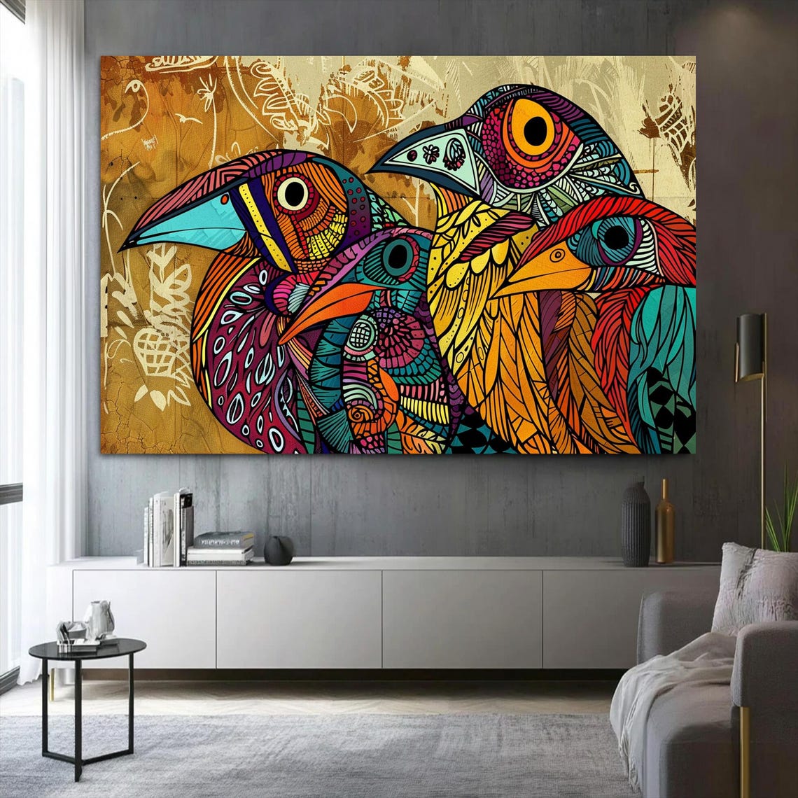 Three Patterned Toucans Colorful Folk Bird Art Tropical Poster - Image 2