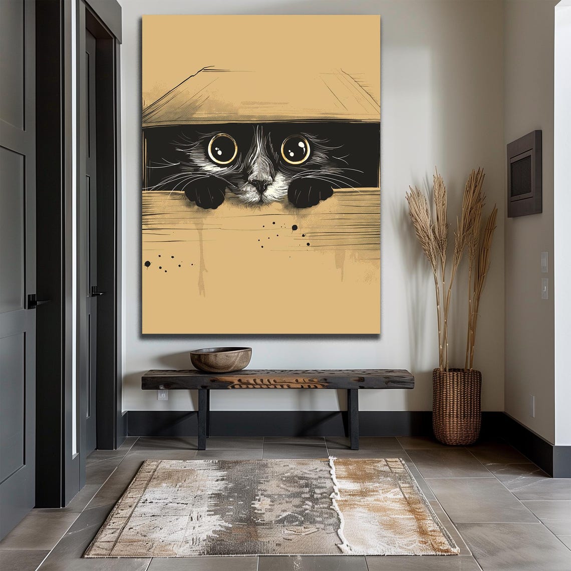 Peeking Black Cat Hiding in Cardboard Box Cute Funny Animal Wall Art - Image 2
