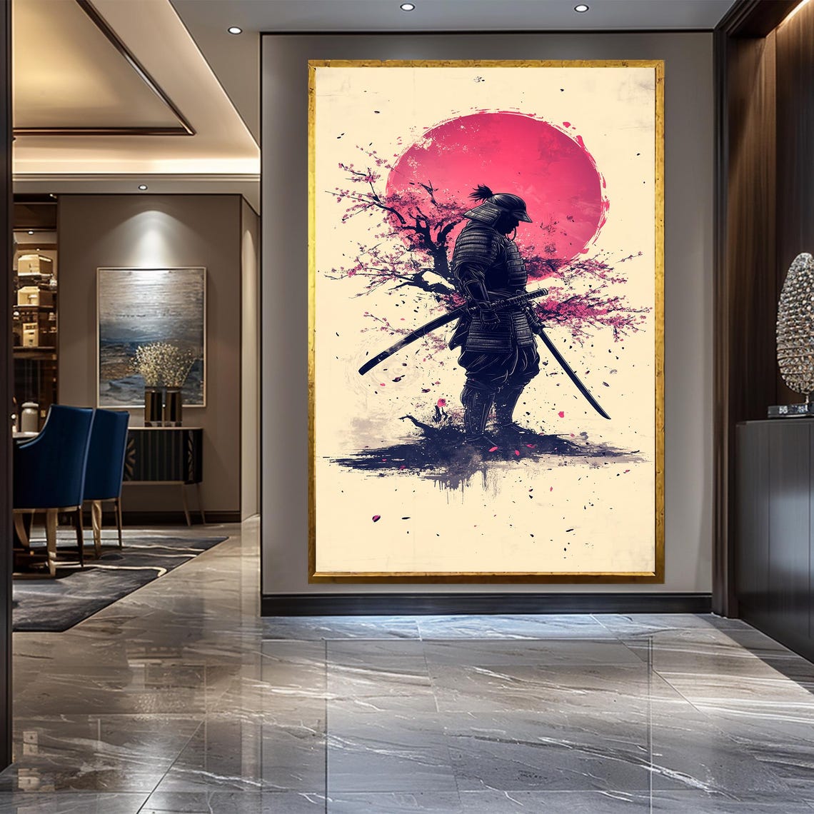 Samurai Silhouette Pink Sun Cherry Blossom Splash Ink Style Art Poster - Image 3