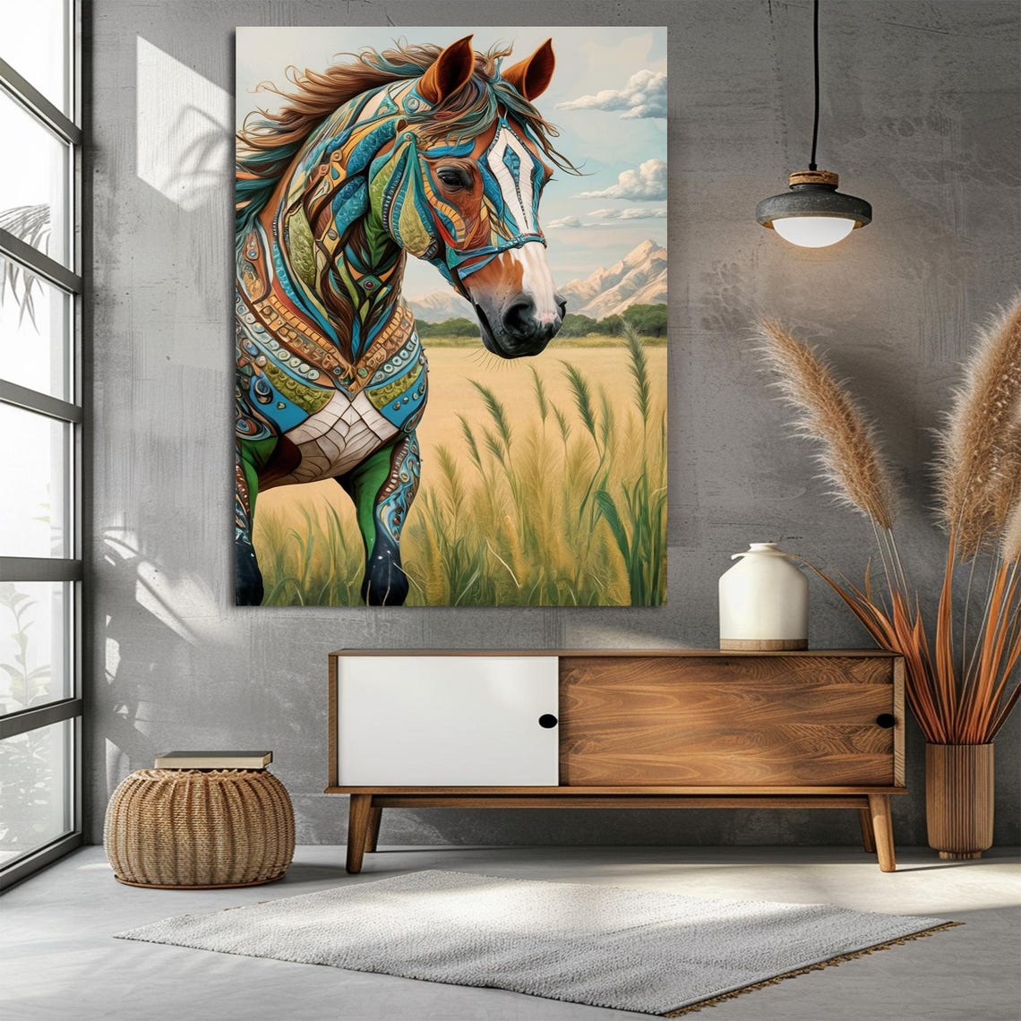Tribal Painted Horse Wall Art with Geometric Patterns in Wheat Field - Image 2