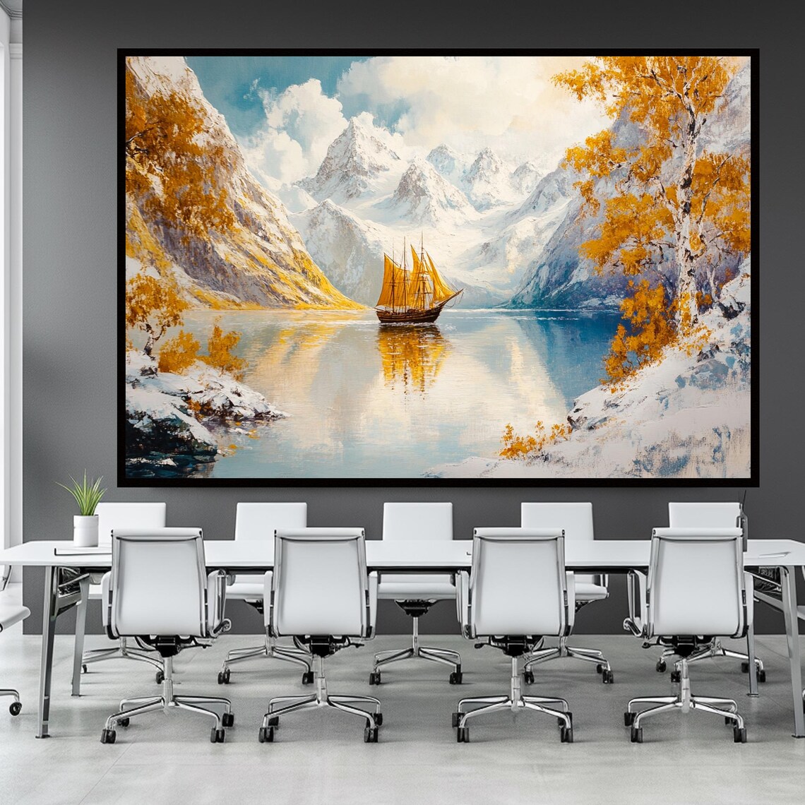 Golden Sailing Ship Snowy Fjord Golden Autumn Landscape Poster - Image 3