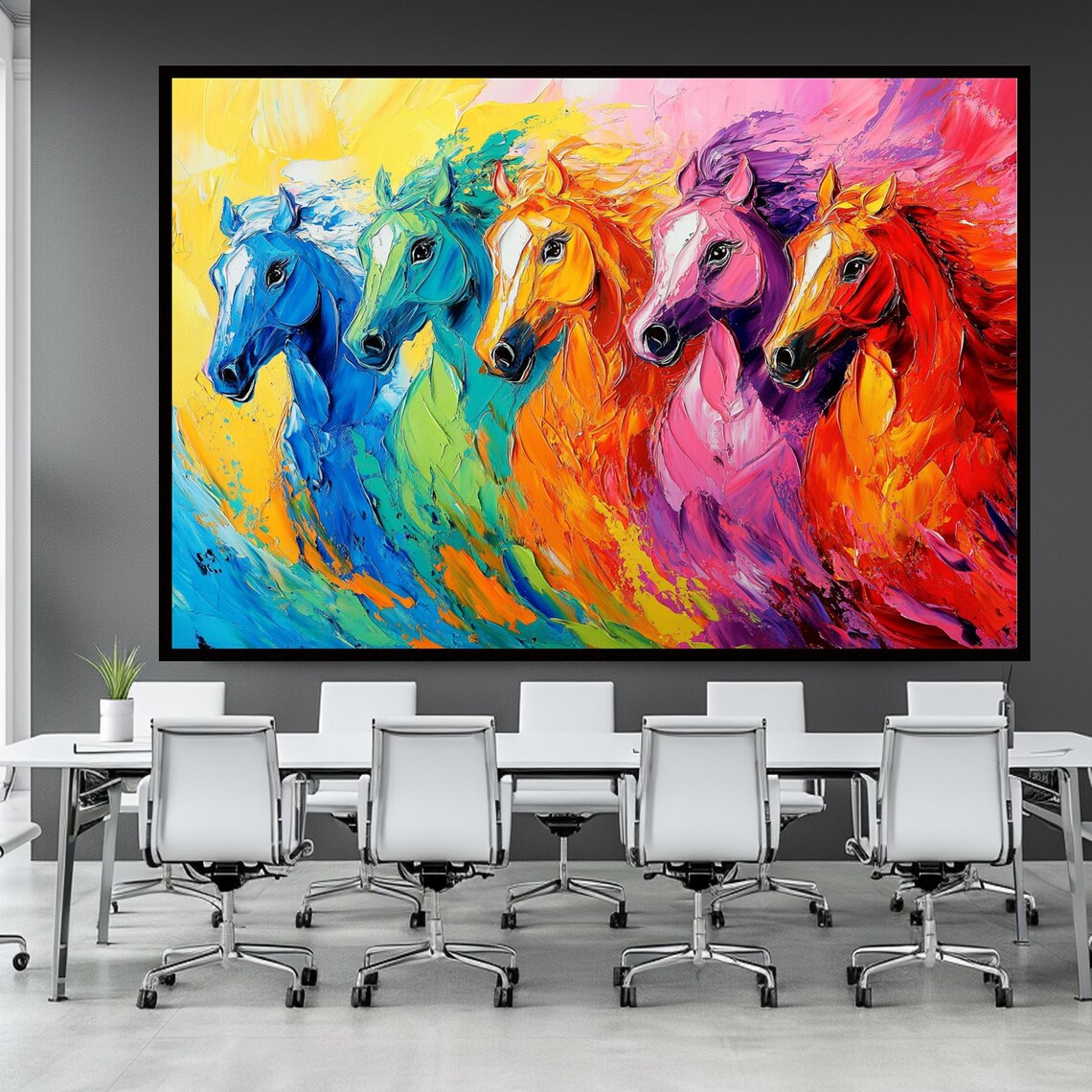 Rainbow Five Horses Impasto Painting Bold Colorful Herd Wall Art - Image 2