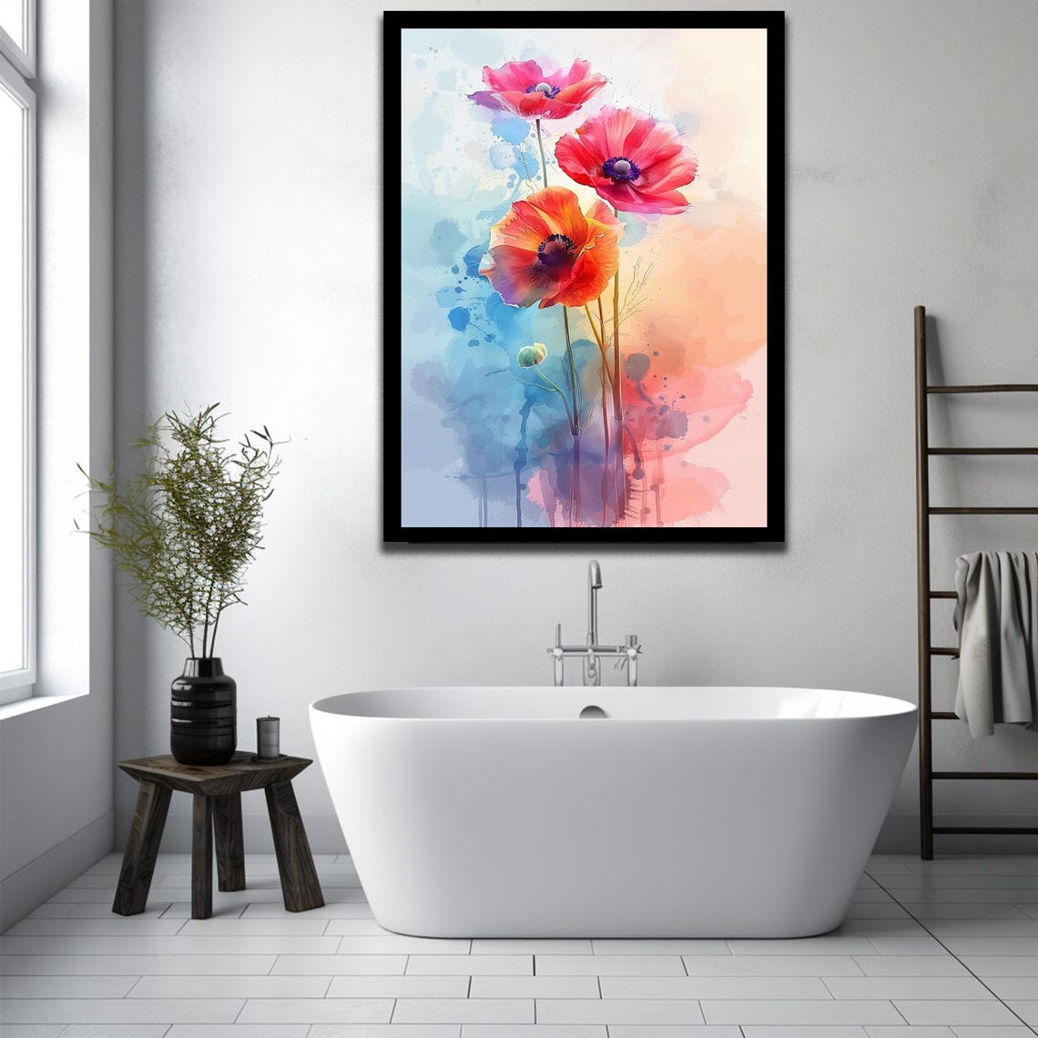 Red Poppy Watercolor Blossoms Soft Pastel Floral Artwork Art Print - Image 2