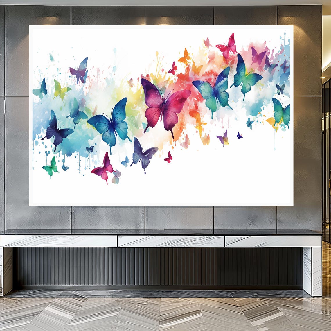 Rainbow Watercolor Butterflies Swirl White Background Bright Poster - Image 2