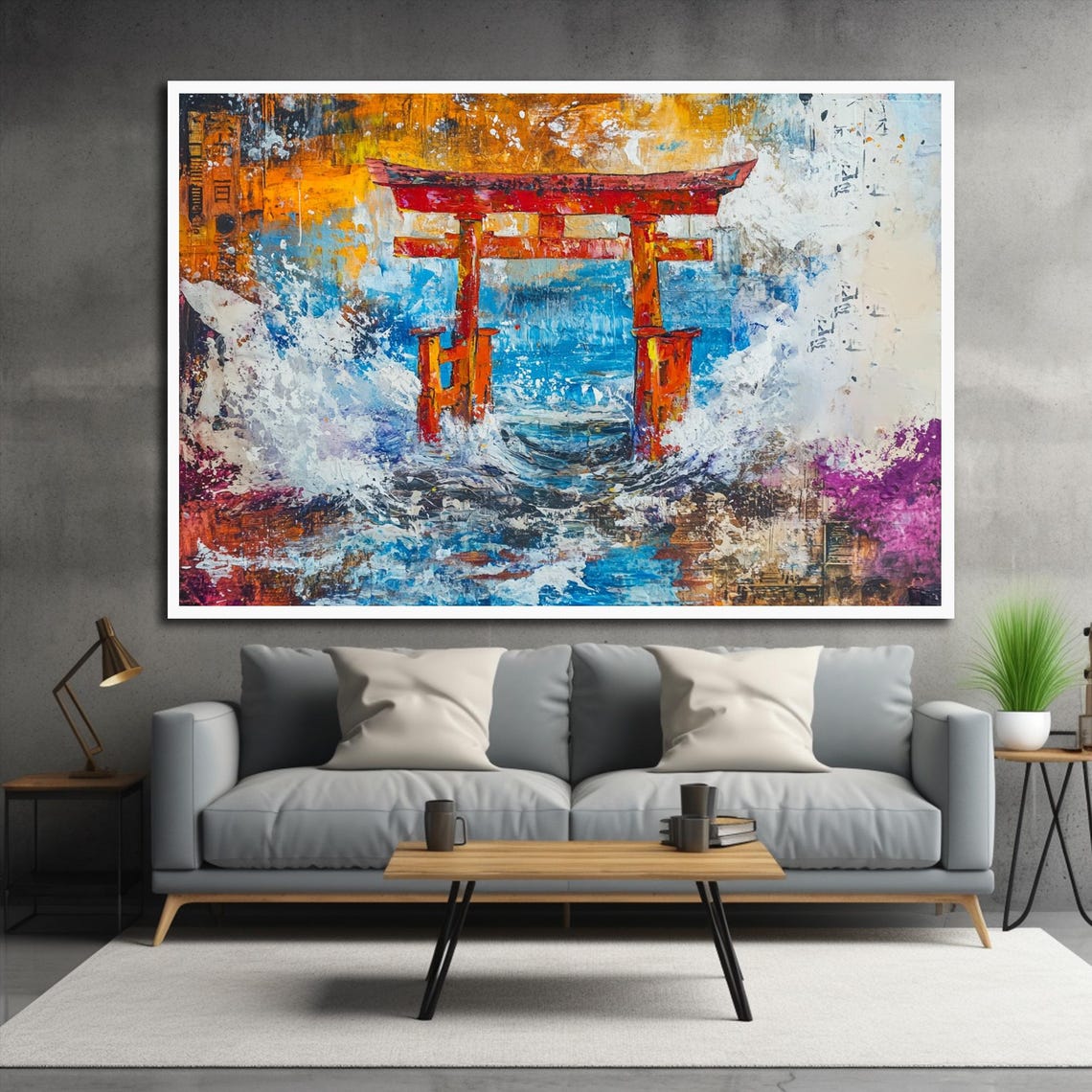 Red Torii Gate Ocean Waves Japanese Abstract Expressionist Poster - Image 2