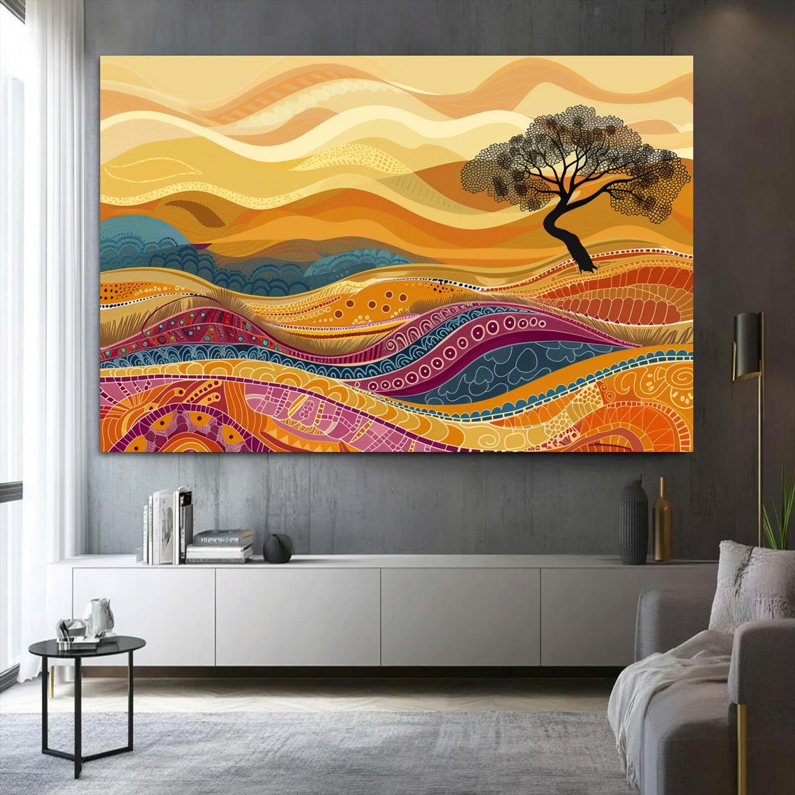Golden Desert Dunes Lone Tree Warm Sunset Boho Landscape Poster - Image 2