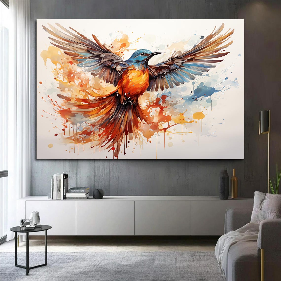 Watercolor Songbird in Flight Splash Colorful Wild Bird Wall Art - Image 2