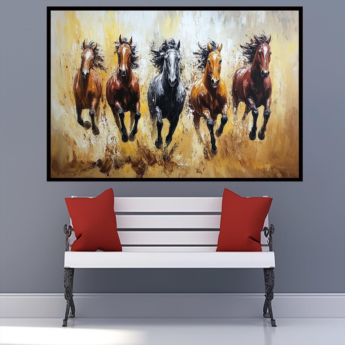 Five Galloping Horses Dusty Trail Oil Painting Western Wall Art - Image 3