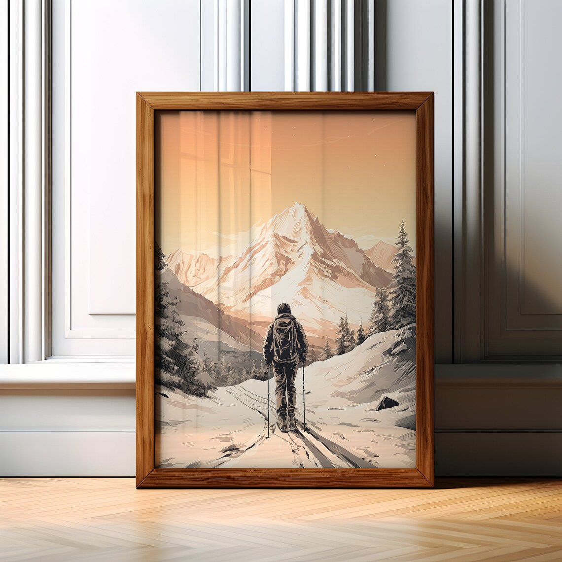 Snowy Mountain Skier Trail Close Up Winter Landscape Art Poster