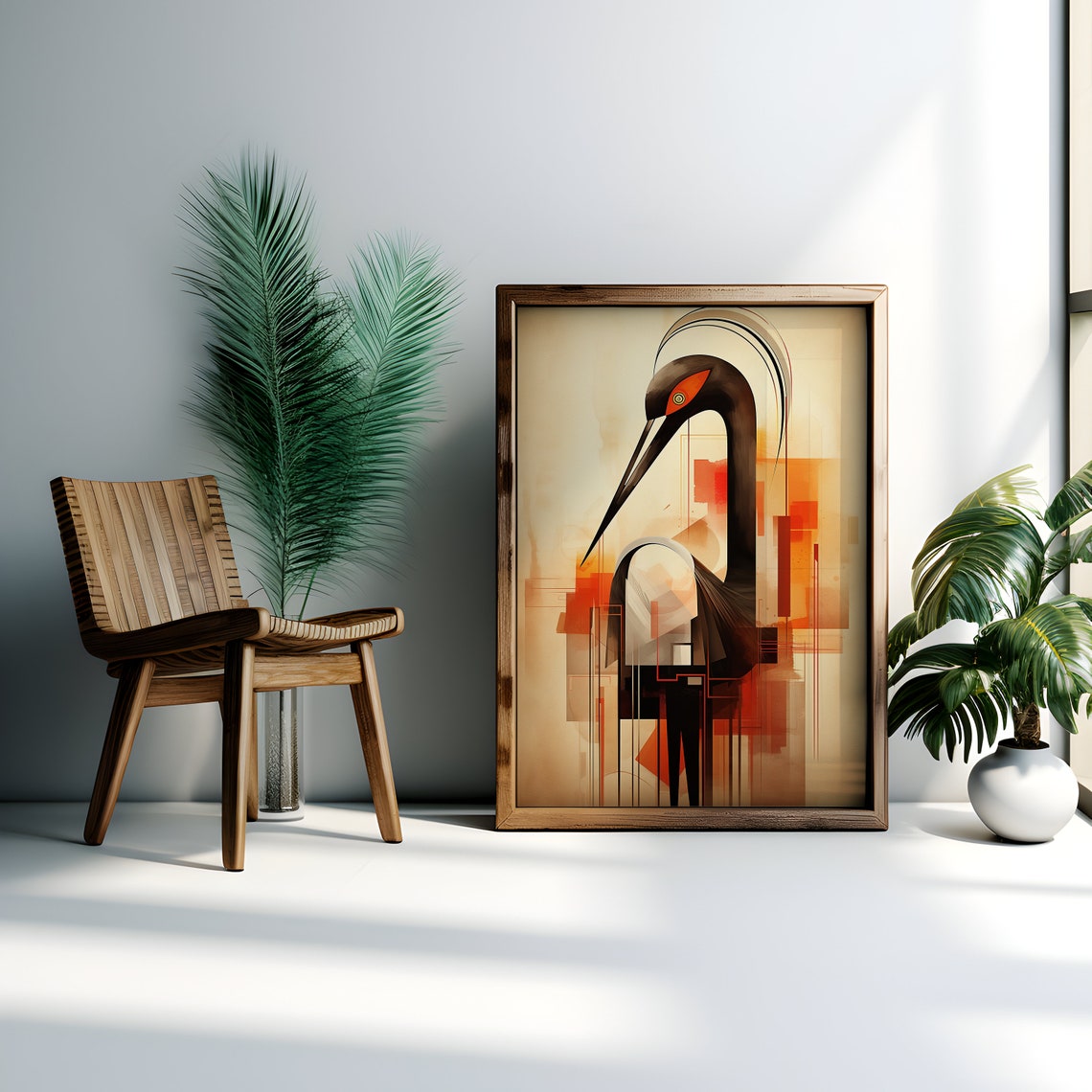 Abstract Flamingo Art in Warm Amber and Black Geometric Poster