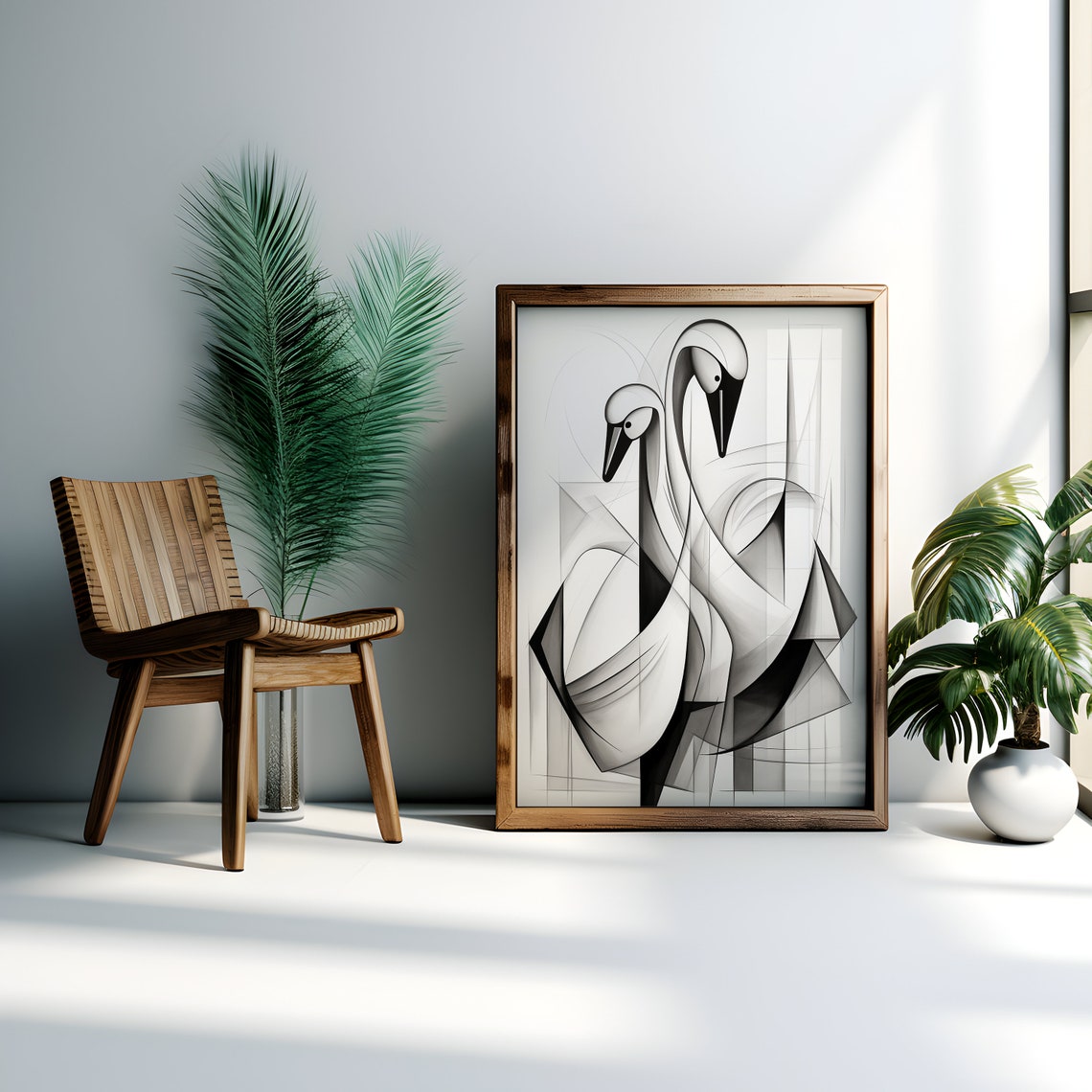 Two White Swans Geometric Abstract Art Black Line Style Poster