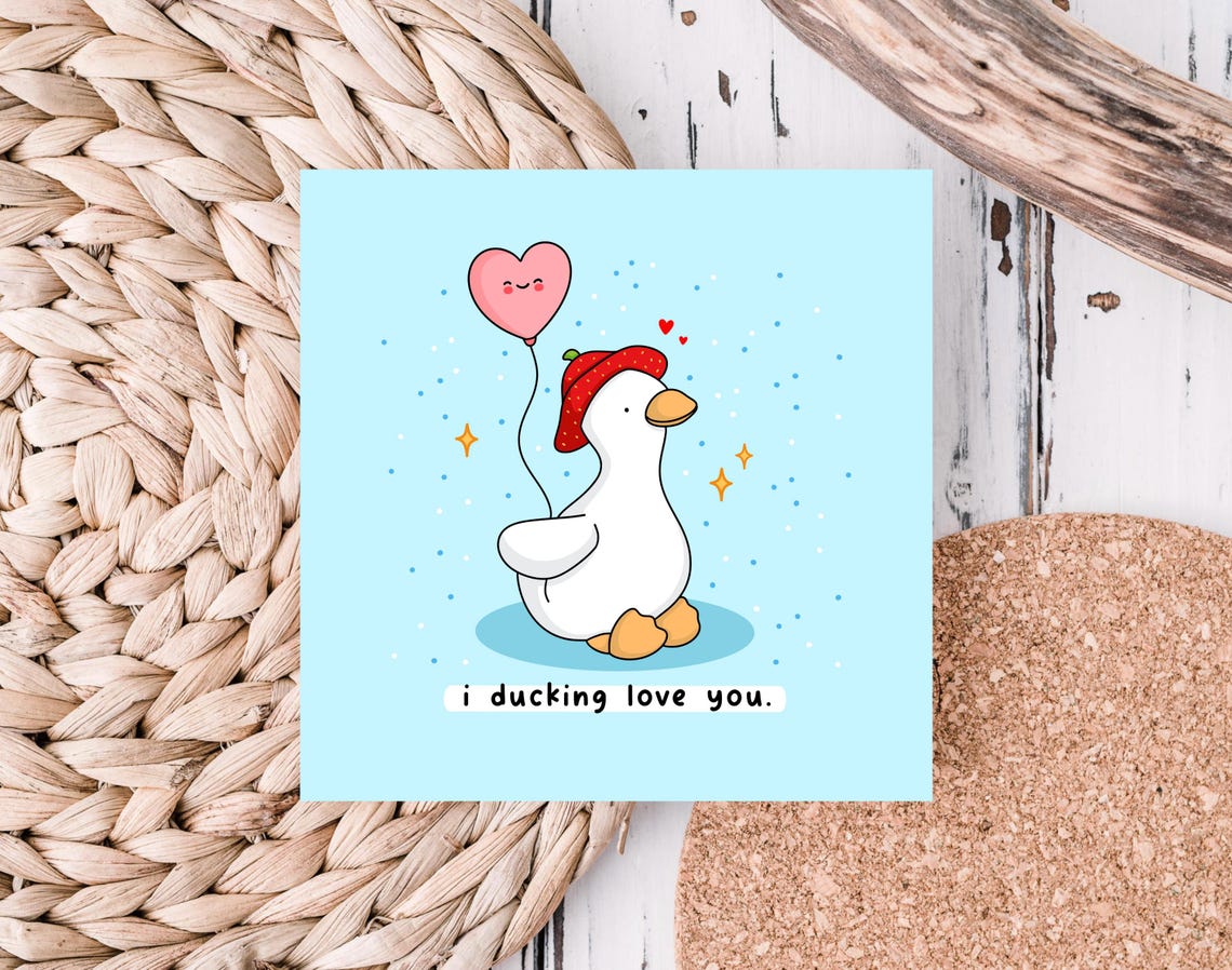 Kawaii Duck Heart Balloon Valentine Pun Poster with Strawberry Hat - Image 4