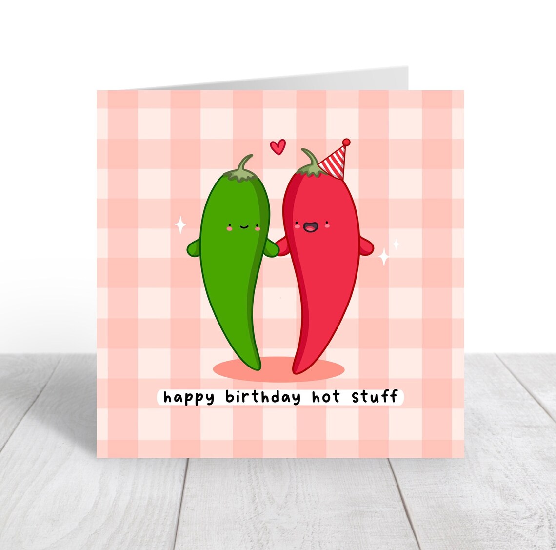 Happy Birthday Hot Stuff Card Funny Pun Birthday Card Punny Love Card Chilli Pun Gingham Card - Image 2