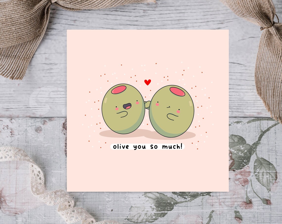 Cute Green Olive Pair Olive You So Much Love Card Kawaii Print - Image 2
