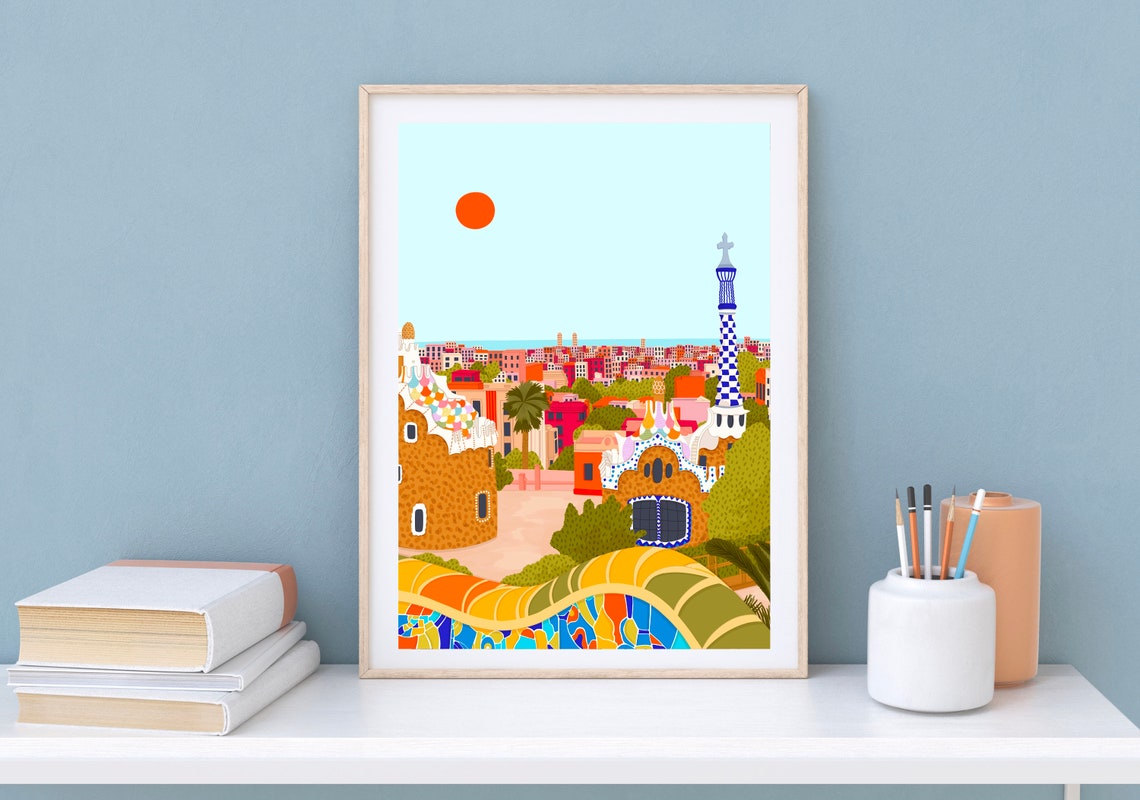 Barcelona Park Guell Gaudi Colourful Cityscape Travel Art Print - Image 2