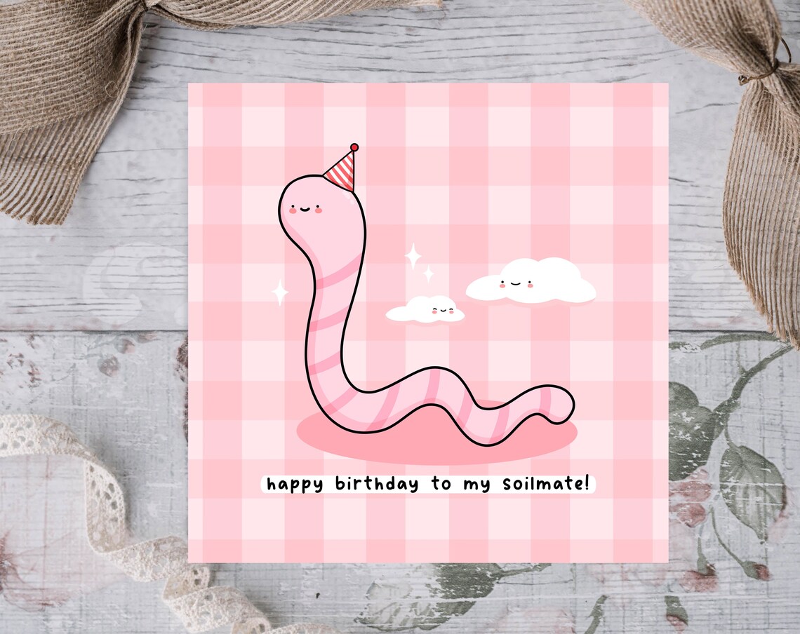 Happy Birthday Soilmate Worm Pun, Cute Kawaii Poster - Image 2