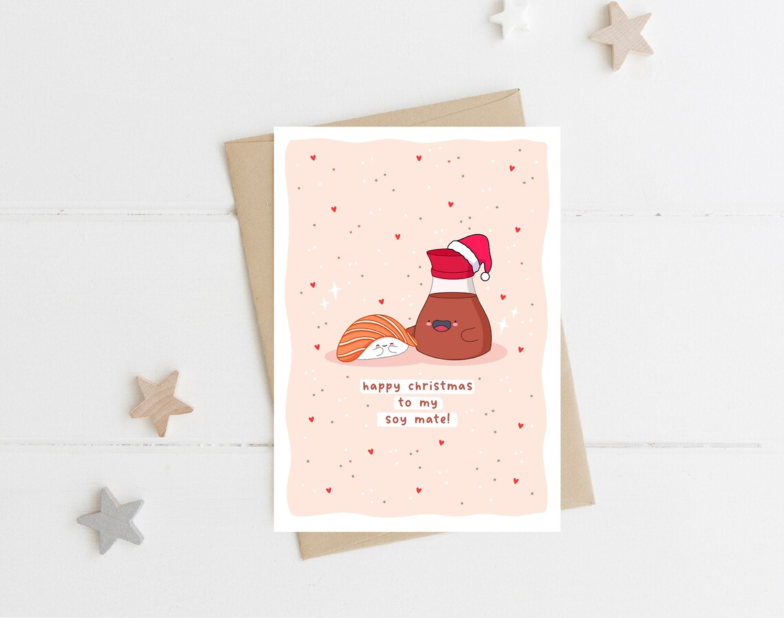Kawaii Sushi Christmas Pun Poster with Soy Sauce Bottle Santa Hat - Image 2