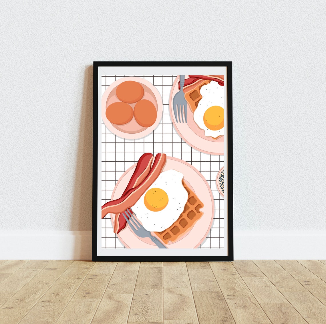 Fried Egg Bacon Waffle Breakfast Art Print on Gingham Background - Image 5