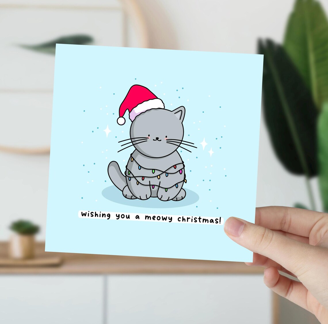 Wishing You A Meowy Christmas Kawaii Grey Cat Santa Hat Poster - Image 5